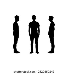 Silhouette of three standing men from different angles. Black silhouette illustration showing three men in different standing positions, facing various directions