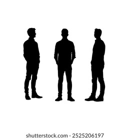 Silhouette of three standing men from different angles. Black silhouette illustration showing three men in different standing positions, facing various directions