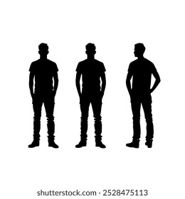 Silhouette of three standing men from different angles. Black silhouette illustration showing three men in different standing positions, facing various directions