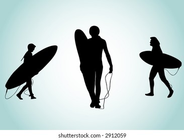 silhouette of three surfers with blue background