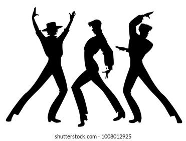 Silhouette of three typical Spanish flamenco dancers. Elegant men dancing flamenco.