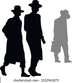 The silhouette of the three walking Hasidic Jews. Religious Jew in a traditional costume. The man in the hat. Isolated vector illustration black and white color.