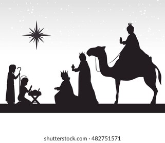 silhouette three wise kings manger design isolated