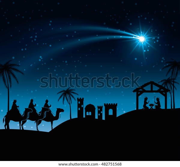 Silhouette Three Wise Kings Manger Design Stock Vector (Royalty Free ...