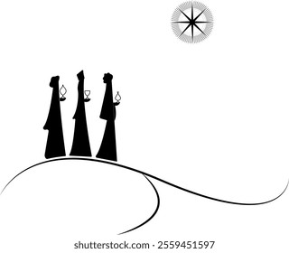 Silhouette of the three wise men carrying gifts and following the star of bethlehem. Vector. Black and white illustration