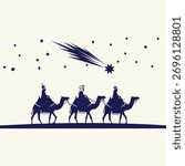 A silhouette of three wise men on camels journeys across a starry night sky, guided by a prominent shooting star, evoking a sense of wonder and ancient tradition.
