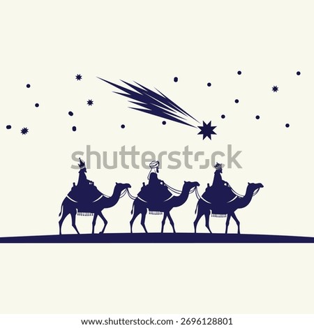 A silhouette of three wise men on camels journeys across a starry night sky, guided by a prominent shooting star, evoking a sense of wonder and ancient tradition.