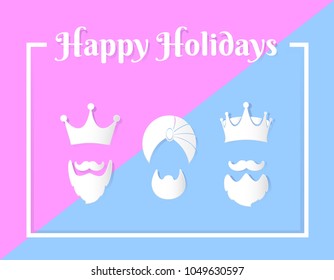 silhouette of the three wise men with the written phrase happy holidays and pink and light blue background