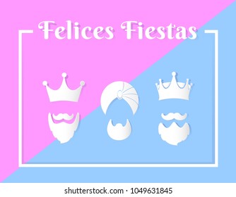 silhouette of the three wise men with the written phrase happy holidays in spanish and pink and light blue background, "Reyes magos"