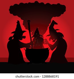 Silhouette of three witch brewing magic potion in a cauldron on Halloween night. Vector illustration.