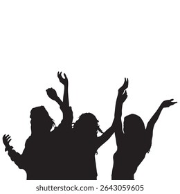 Silhouette of Three Women Dancing with Raised Arms on White Background