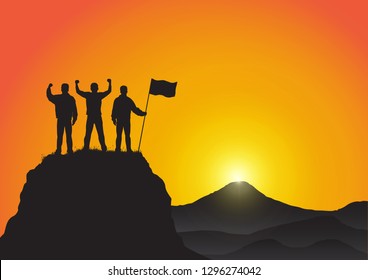 Silhouette of three young men standing on top of the mountain with fists raised up and holding flag on golden sunrise background, success, achievement,victory and winning concept vector illustration