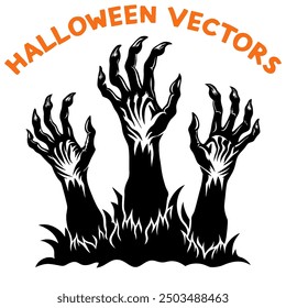 A silhouette of three zombie-like hands emerging from the ground, claw-like fingers reaching upward.