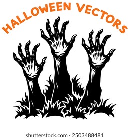 A silhouette of three zombie-like hands emerging from the ground, claw-like fingers reaching upward.
