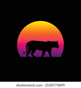 Silhouette of a tiger against a striped retro sunset. Original vector illustration in vintage style isolated on light background. T-shirt design. Hand drawn, not AI