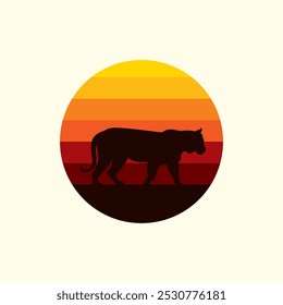 Silhouette of a tiger against a striped retro sunset. Original vector illustration in vintage style isolated on light background. T-shirt design. Hand drawn, not AI