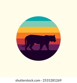 Silhouette of a tiger against a striped retro sunset. Original vector illustration in vintage style isolated on light background. T-shirt design. Hand drawn, not AI