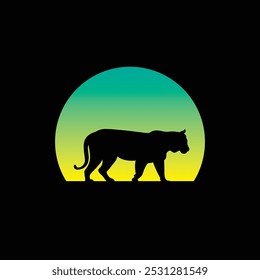 Silhouette of a tiger against a striped retro sunset. Original vector illustration in vintage style isolated on light background. T-shirt design. Hand drawn, not AI