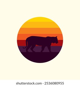 Silhouette of a tiger against a striped retro sunset. Original vector illustration in vintage style isolated on light background. T-shirt design. Hand drawn, not AI