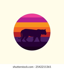 Silhouette of a tiger against a striped retro sunset. Original vector illustration in vintage style isolated on light background. T-shirt design. Hand drawn, not AI