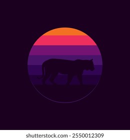 Silhouette of a tiger against a striped retro sunset. Original vector illustration in vintage style isolated on black background. T-shirt design. Hand drawn, not AI