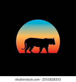 Silhouette of a tiger against a striped retro sunset. Original vector illustration in vintage style. T-shirt design. Hand drawn, not AI