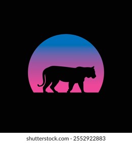 Silhouette of a tiger against a striped retro sunset. Original vector illustration in vintage style. T-shirt design. Hand drawn, not AI