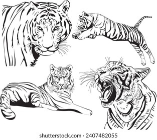 Silhouette of Tiger with any angle. Suitable for logo, sticker merchandise, etc. Freehand sketch illustration set Tiger doodle stock images. Tiger vector icon. Running Tiger isolated background.