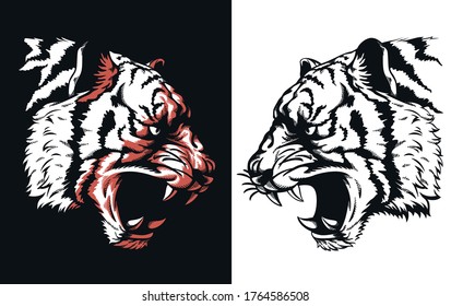 Silhouette tiger head roaring sideview isolated vector icon logo illustration on black and white style
