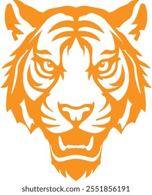 Silhouette of a tiger head without a contour. Patch and print of a tiger head. Roaring tiger head orange color icon.