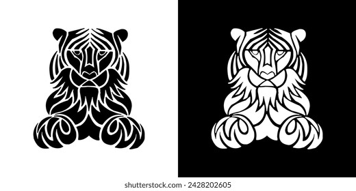 Silhouette of a tiger on a black and white background, illustration for a children's coloring book.