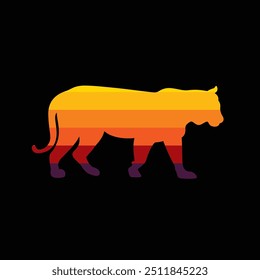 The silhouette of a tiger in a retro sunset. Original vector illustration in vintage style. Hand drawn, not AI