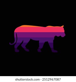 The silhouette of a tiger in a retro sunset. Original vector illustration in vintage style. Hand drawn, not AI