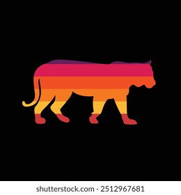 The silhouette of a tiger in a retro sunset. Original vector illustration in vintage style. Hand drawn, not AI