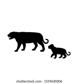 Silhouette of tiger and young tiger cub. Vector illustrator