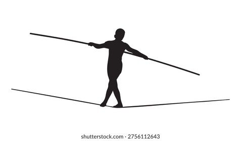 Silhouette of tightrope walker balancing with pole on high wire, monochrome, isolated