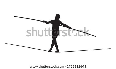 Silhouette of tightrope walker balancing with pole on high wire, monochrome, isolated