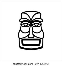 Silhouette of Tiki idol icon. Simple illustration of a tiki idol icon for web design isolated on a white background, Tiki tribal wooden mask, tropical exotic plant and bamboo board. Traditional Hawaii