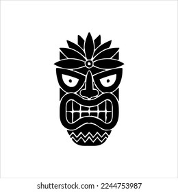 Silhouette of Tiki idol icon. Simple illustration of a tiki idol icon for web design isolated on a white background, Tiki tribal wooden mask, tropical exotic plant and bamboo board. Traditional Hawaii