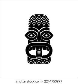 Silhouette of Tiki idol icon. Simple illustration of a tiki idol icon for web design isolated on a white background, Tiki tribal wooden mask, tropical exotic plant and bamboo board. Traditional Hawaii