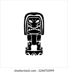 Silhouette of Tiki idol icon. Simple illustration of a tiki idol icon for web design isolated on a white background, Tiki tribal wooden mask, tropical exotic plant and bamboo board. Traditional Hawaii