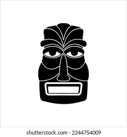 Silhouette of Tiki idol icon. Simple illustration of a tiki idol icon for web design isolated on a white background, Tiki tribal wooden mask, tropical exotic plant and bamboo board. Traditional Hawaii