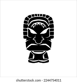 Silhouette of Tiki idol icon. Simple illustration of a tiki idol icon for web design isolated on a white background, Tiki tribal wooden mask, tropical exotic plant and bamboo board. Traditional Hawaii