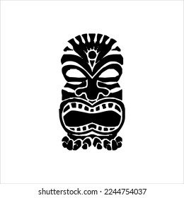 Silhouette of Tiki idol icon. Simple illustration of a tiki idol icon for web design isolated on a white background, Tiki tribal wooden mask, tropical exotic plant and bamboo board. Traditional Hawaii