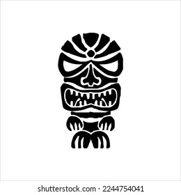 Silhouette of Tiki idol icon. Simple illustration of a tiki idol icon for web design isolated on a white background, Tiki tribal wooden mask, tropical exotic plant and bamboo board. Traditional Hawaii