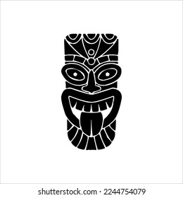 Silhouette of Tiki idol icon. Simple illustration of a tiki idol icon for web design isolated on a white background, Tiki tribal wooden mask, tropical exotic plant and bamboo board. Traditional Hawaii