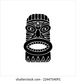 Silhouette of Tiki idol icon. Simple illustration of a tiki idol icon for web design isolated on a white background, Tiki tribal wooden mask, tropical exotic plant and bamboo board. Traditional Hawaii