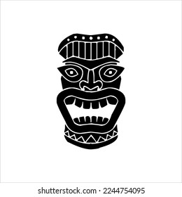 Silhouette of Tiki idol icon. Simple illustration of a tiki idol icon for web design isolated on a white background, Tiki tribal wooden mask, tropical exotic plant and bamboo board. Traditional Hawaii