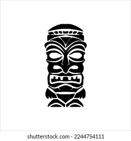 Silhouette of Tiki idol icon. Simple illustration of a tiki idol icon for web design isolated on a white background, Tiki tribal wooden mask, tropical exotic plant and bamboo board. Traditional Hawaii