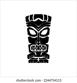 Silhouette of Tiki idol icon. Simple illustration of a tiki idol icon for web design isolated on a white background, Tiki tribal wooden mask, tropical exotic plant and bamboo board. Traditional Hawaii